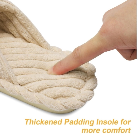 Women's Cross Band Bow Slippers Cozy Open Toe House Shoes Corduroy, BEIGE - Picture 7 of 9